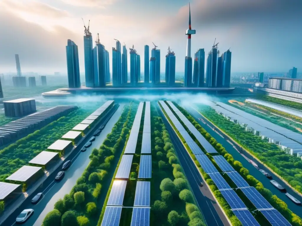 Cityscape futurista: construcciones sostenibles y climatoremientes Futurista ciudad con materiales construcción cambio climático, energía verde y moderna arquitectura