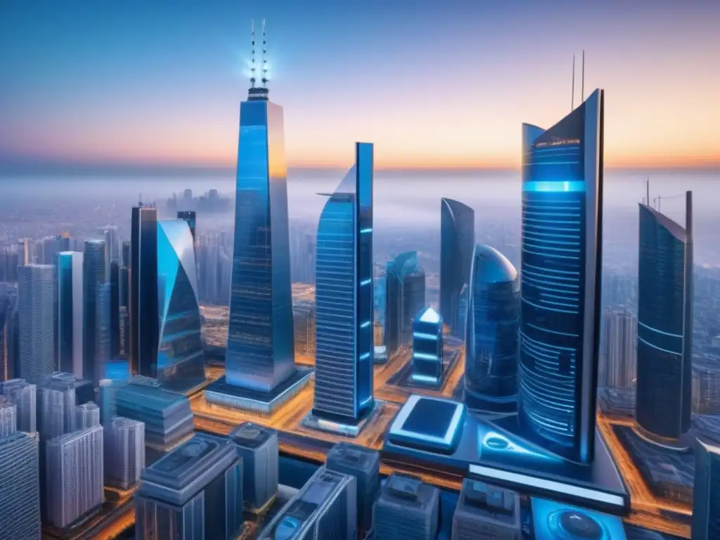 Metrópolis Futurista: FinTech en la Vanguardia Futurista ciudad FinTech en mercado inmobiliario con rascacielos avanzados, transporte y profesionales colaborando en metrópolis innovadora