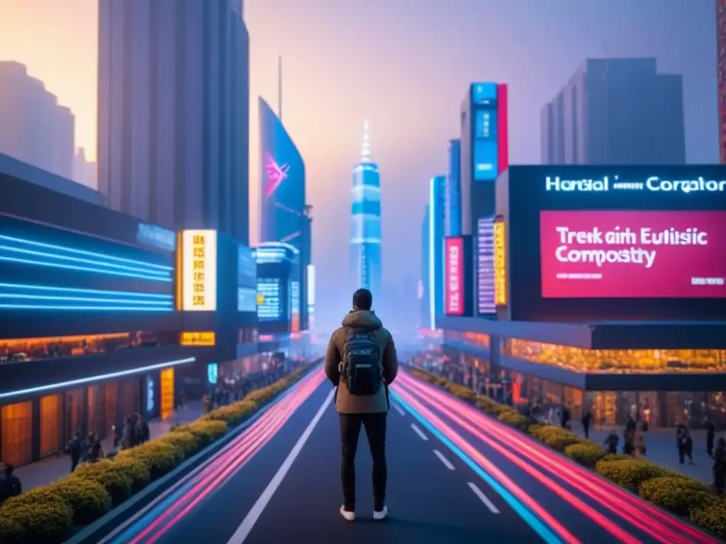 Futurista ciudad con IA en mercado inmobiliario: edificios altos, luces neón, vehículos autónomos y peatones en atardecer vibrante