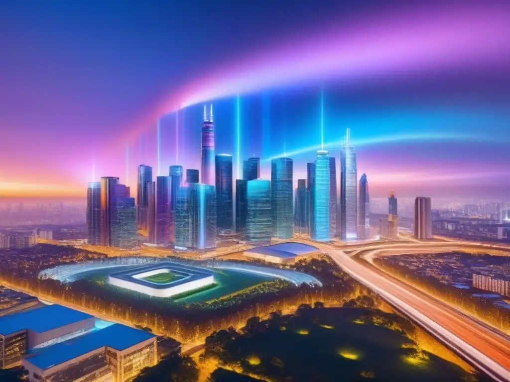 Skyline futurista: la revolución del mercado inmobiliario con tecnología 5G Futurista ciudad con tecnología 5G en mercado inmobiliario