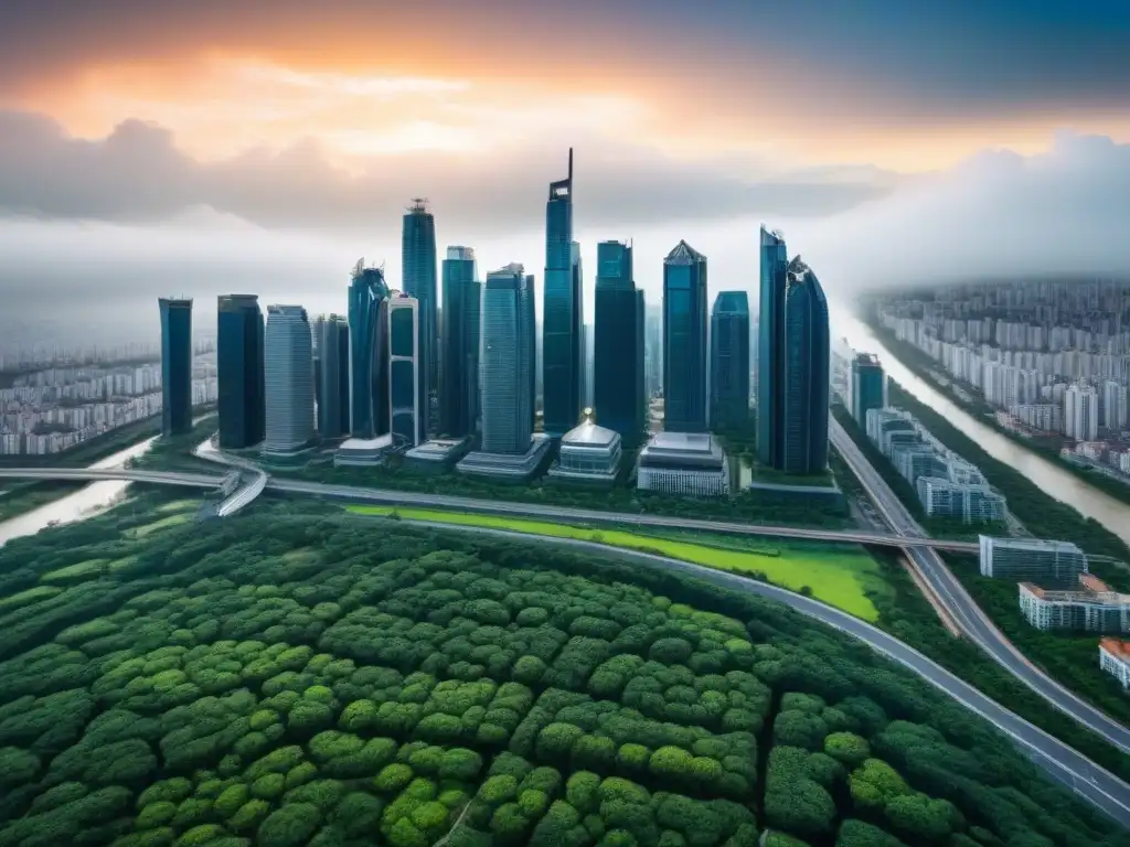Skyline futurista: armonía urbana y natural Futurista ciudad entre naturaleza: Riesgos naturales en inversiones inmobiliarias