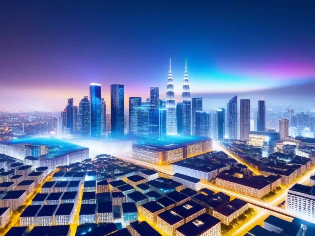 Skyline nocturno con Big Data: Fusión innovadora en bienes raíces Futurista ciudad de noche con datos y gráficos holográficos, integrando Big Data en mercado inmobiliario