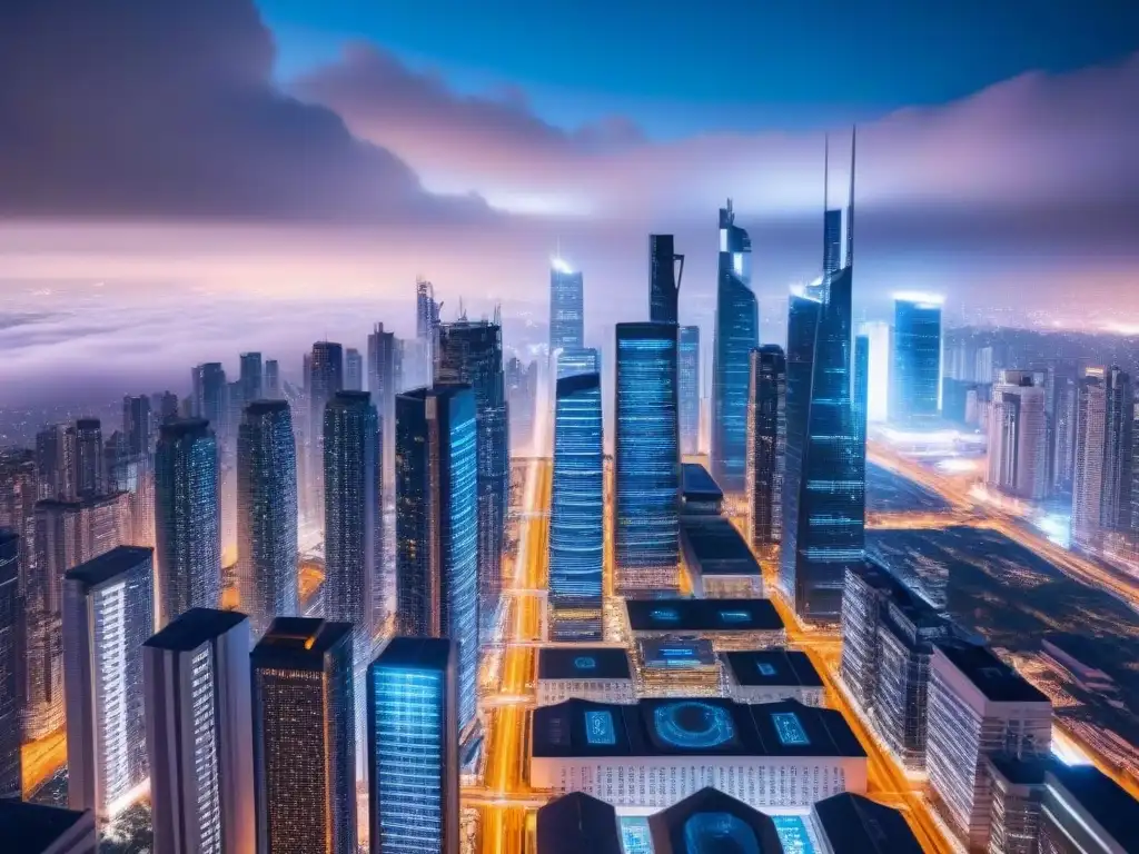 Metrópolis futurista: Big Data en mercados inmobiliarios internacionales Futurista ciudad de noche con rascacielos iluminados y drones, simbolizando Big Data comportamiento comprador inmobiliario