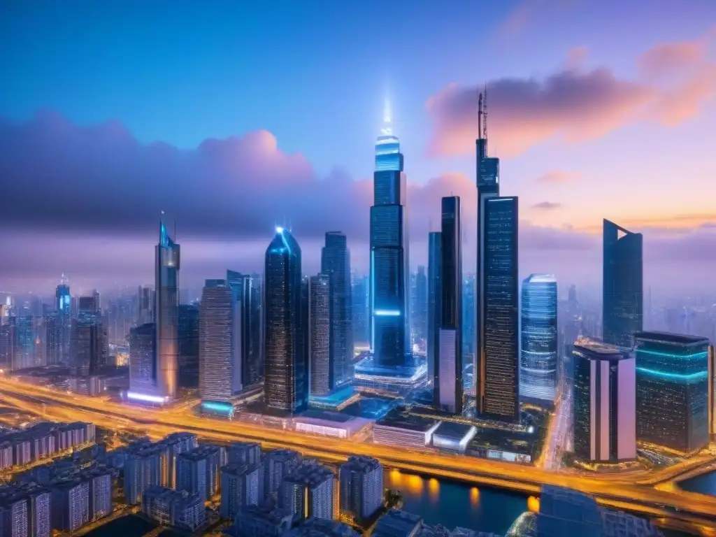Inversión inmobiliaria y ciberseguridad: ciudad futurista nocturna Futurista ciudad de noche con rascacielos iluminados y símbolos de ciberseguridad, perfecta para inversión inmobiliaria internacional ciberseguridad