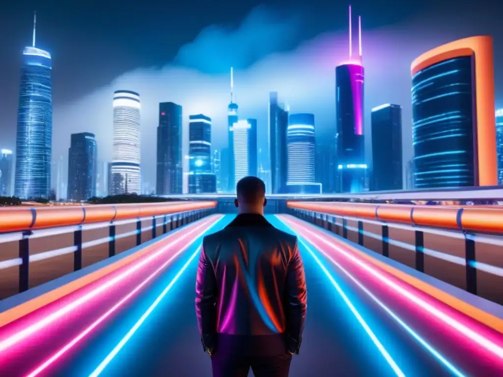 Metrópolis futurista: seguridad hightech y luces neón Futurista ciudad nocturna con ciberseguridad en mercado inmobiliario internacional