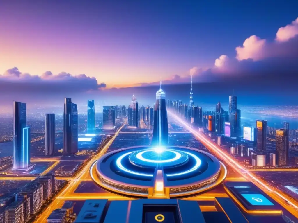 Metrópolis futurista: criptomonedas, rascacielos y autos voladores Futurista ciudad nocturna con criptomonedas iluminadas y autos voladores