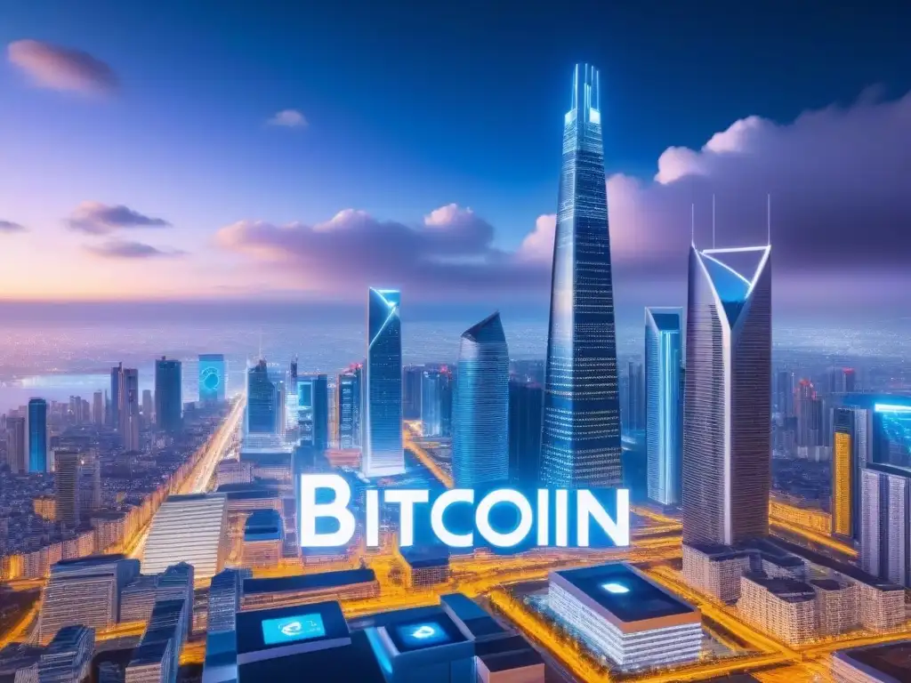 Metrópolis cripto: ciudad futurista integrando criptomonedas Futurista ciudad nocturna con criptomonedas en edificios: Inversiones inmobiliarias con criptomonedas