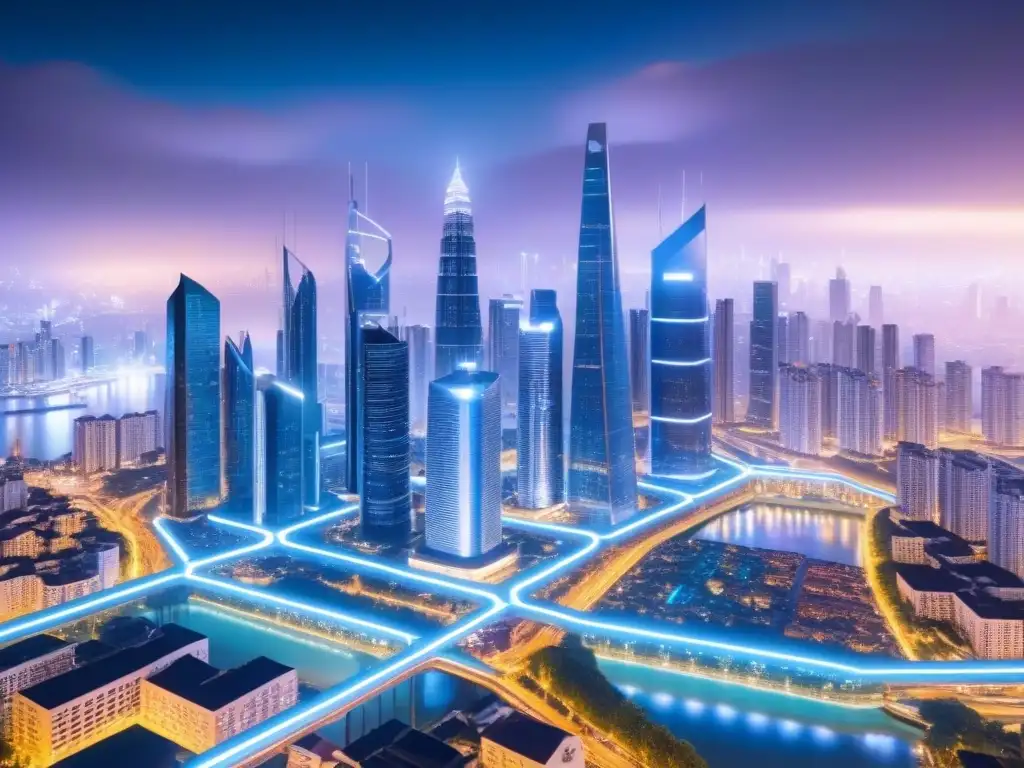Skyline futurista con blockchain iluminado Futurista ciudad nocturna con edificios conectados por cadenas de blockchain, destacando el financiamiento inmobiliario internacional