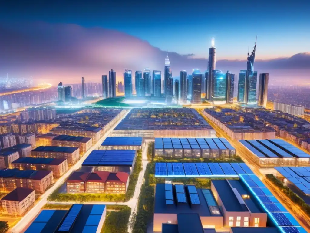 Metrópolis futurista: eficiencia energética y sostenibilidad Futurista ciudad nocturna con eficiencia energética en edificios internacionales