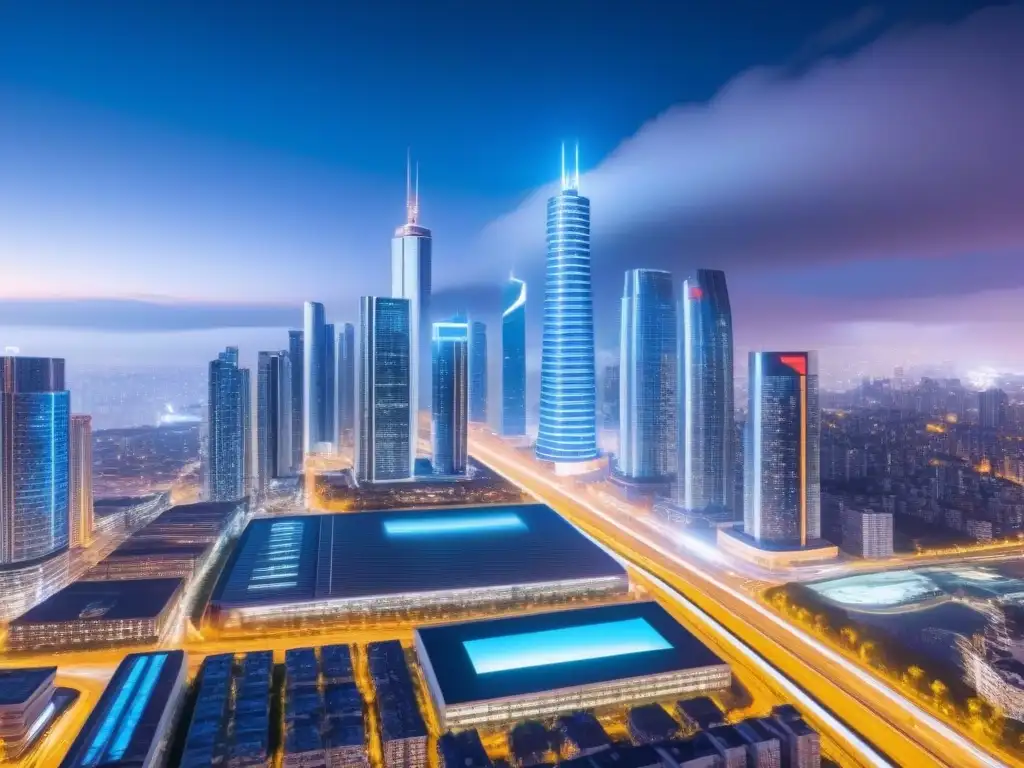 Vigilancia futurista: IA detecta fraude inmobiliario Futurista ciudad nocturna con detección fraudes inmobiliarios inteligencia artificial