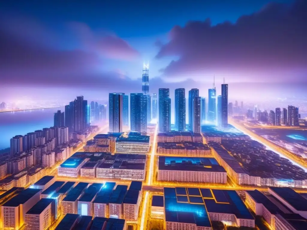 Skyline futurista con blockchain: revolución inmobiliaria Futurista ciudad nocturna con patrones blockchain, fusionando tecnología blockchain en inversión inmobiliaria