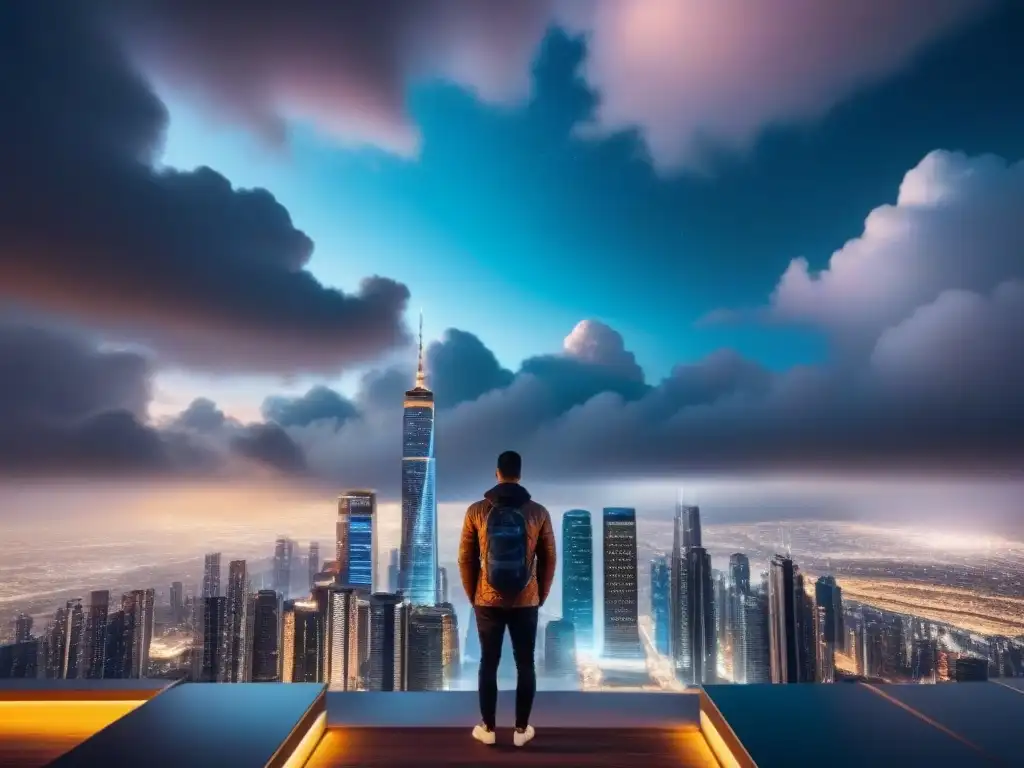 Metrópolis futurista nocturna: inversión inmobiliaria digital Futurista ciudad nocturna con rascacielos iluminados, carteles digitales y nubes conectadas