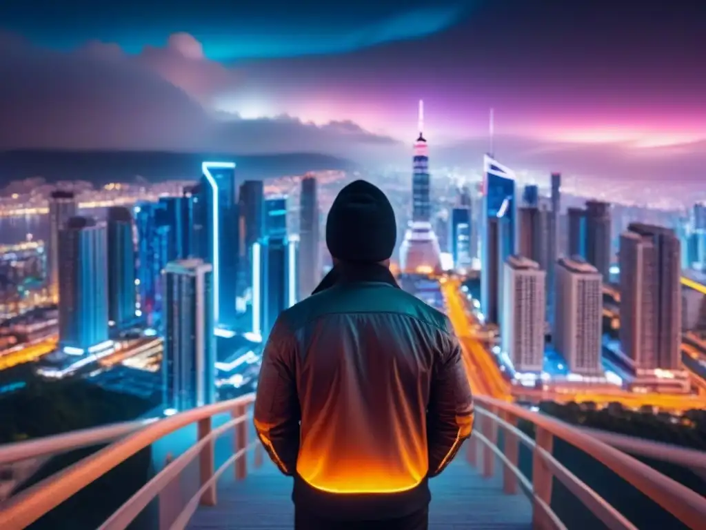 Metrópolis futurista con luces de neón y Big Data Futurista ciudad nocturna con rascacielos iluminados por luces de neón y redes de datos, integrando Big Data en mercado inmobiliario