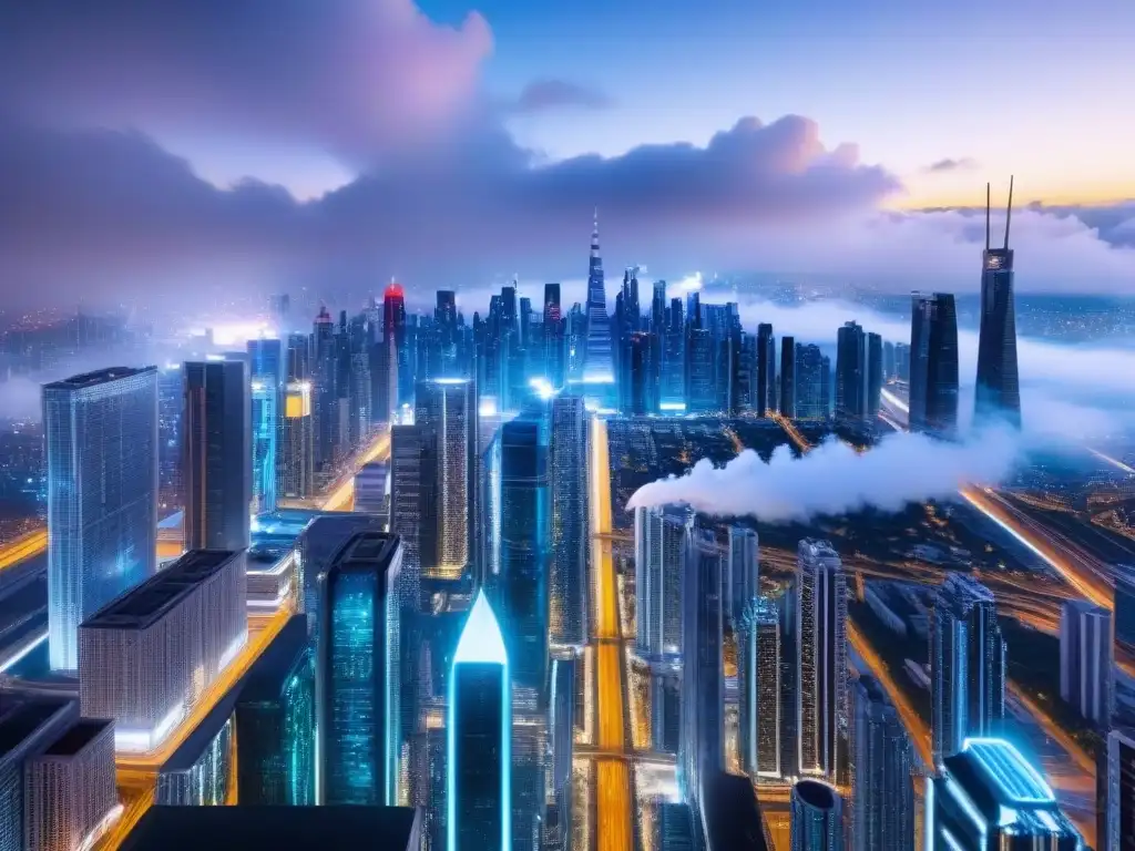 Cityscape futurista en 8k: rascacielos iluminados y transporte avanzado Futurista ciudad nocturna con rascacielos iluminados y plataformas gestión propiedades nube internacionales
