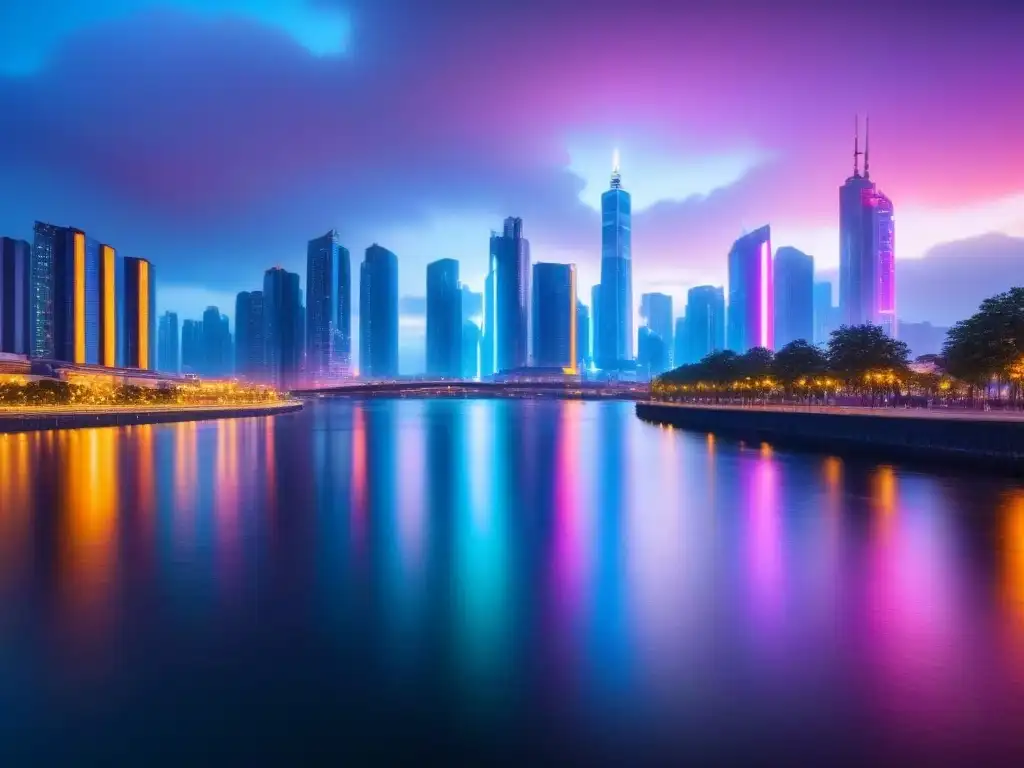 Ciudad futurista en 8k: luces neon y tecnología avanzada Futurista ciudad nocturna con rascacielos iluminados y drones, reflejando ciberseguridad en mercado inmobiliario global