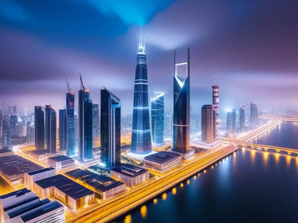 Metrópolis futurista: luces brillantes y drones en acción Futurista ciudad nocturna con rascacielos iluminados y drones, reflejando la automatización en valoración de propiedades