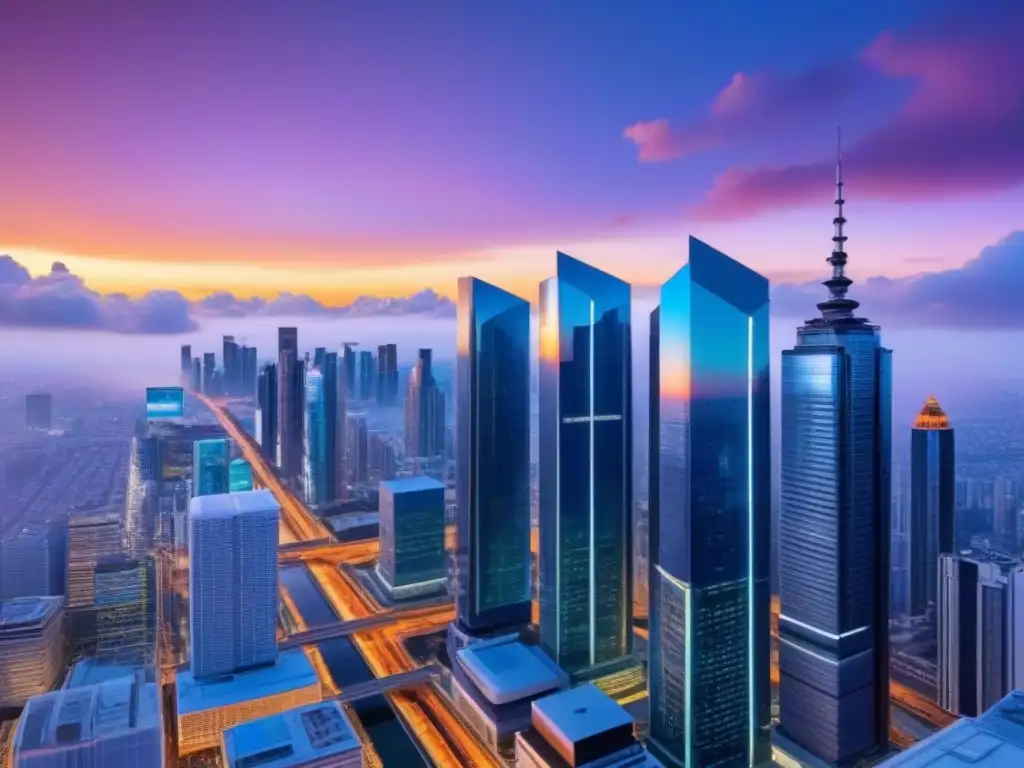 Metrópolis futurista en 8k: eficiencia y tecnología en gestión inmobiliaria Futurista ciudad nocturna con rascacielos de cristal y tecnología avanzada, reflejando la puesta de sol