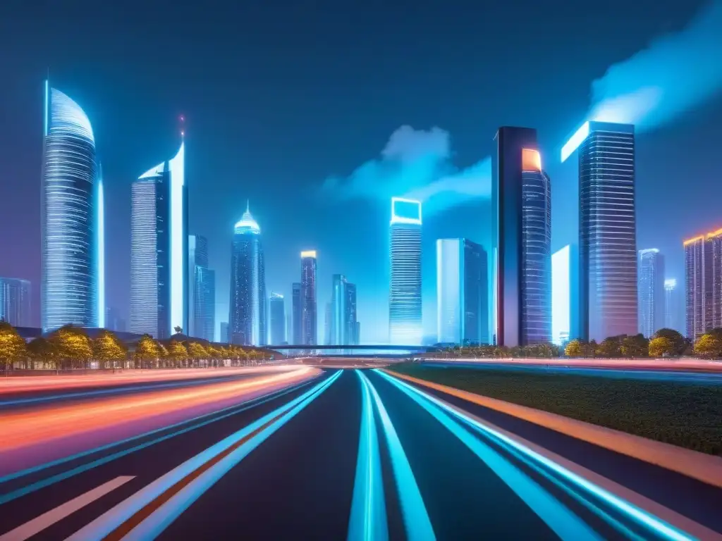 Metrópolis futurista: real estate AI y hologramas Futurista ciudad nocturna con rascacielos iluminados por luces de neón y hologramas de propiedades inmobiliarias