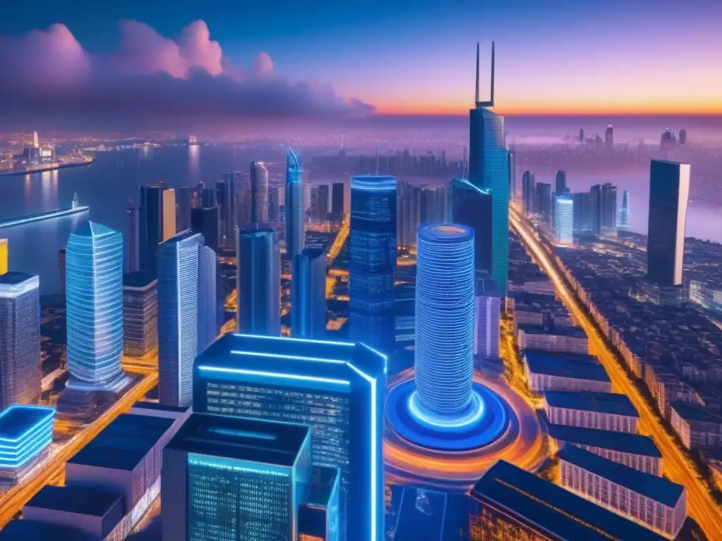 Metrópolis Futurista: Fusión de Inversiones Inmobiliarias y Criptomonedas Futurista ciudad nocturna con rascacielos iluminados por luces de neón y criptomonedas