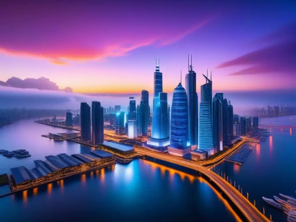 Metrópolis futurista: luces neón en la noche Futurista ciudad nocturna con rascacielos iluminados por luces neón, reflejándose en un río tranquilo