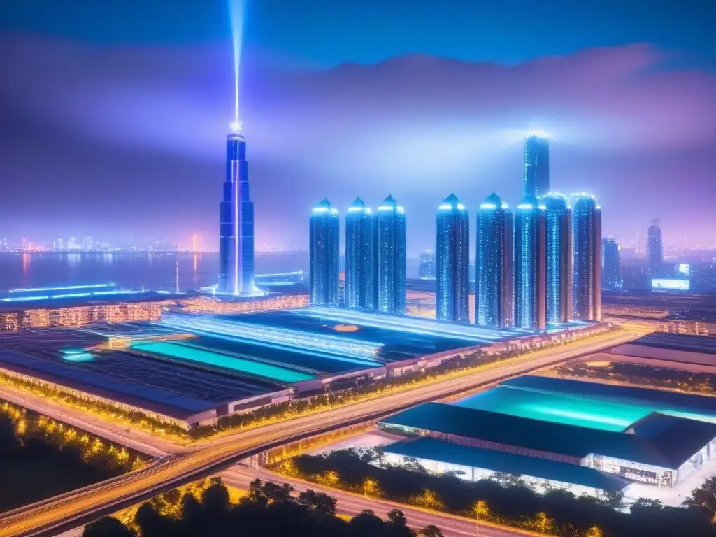Metrópolis futurista: tecnología avanzada en edificios de alta gama Futurista ciudad nocturna con rascacielos iluminados por luces de neón, mostrando la automatización en gestión inmobiliaria internacional