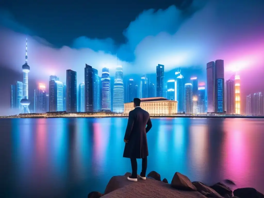 Metrópolis futurista: luces de neón en PropTech Futurista ciudad nocturna con rascacielos iluminados por luces neón sobre agua tranquila