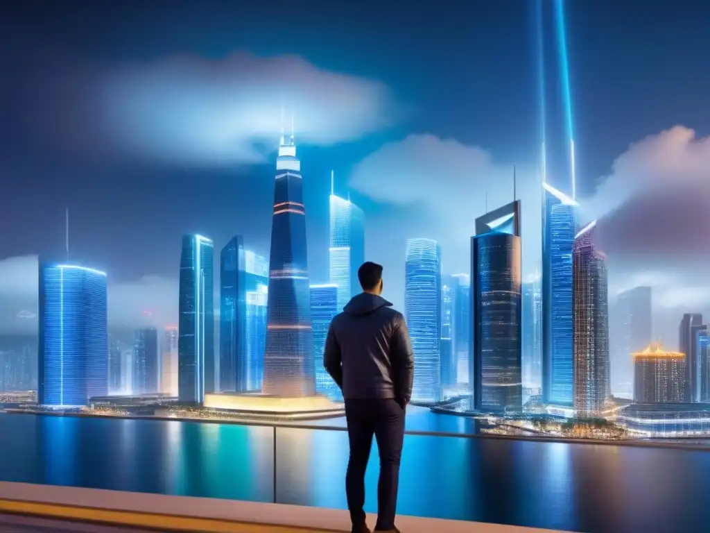 Metrópolis futurista: innovación en financiamiento residencial Futurista ciudad nocturna con rascacielos iluminados y proyecciones holográficas de datos financieros