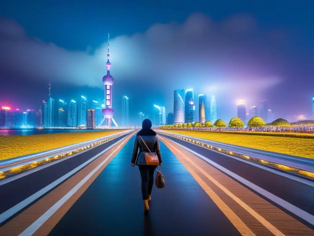 Skyline nocturno 8k: ciudad futurista y diversidad global Futurista ciudad nocturna con rascacielos iluminados y escena de calle global, destacando Inversión inmobiliaria global Franja Ruta