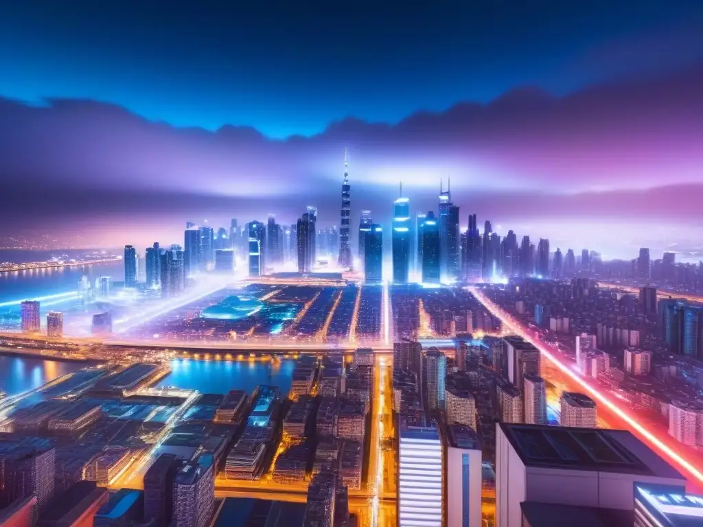 Metrópolis futurista: Ciudad brillante en 8k Futurista ciudad nocturna con rascacielos iluminados y tecnología en mercado inmobiliario internacional