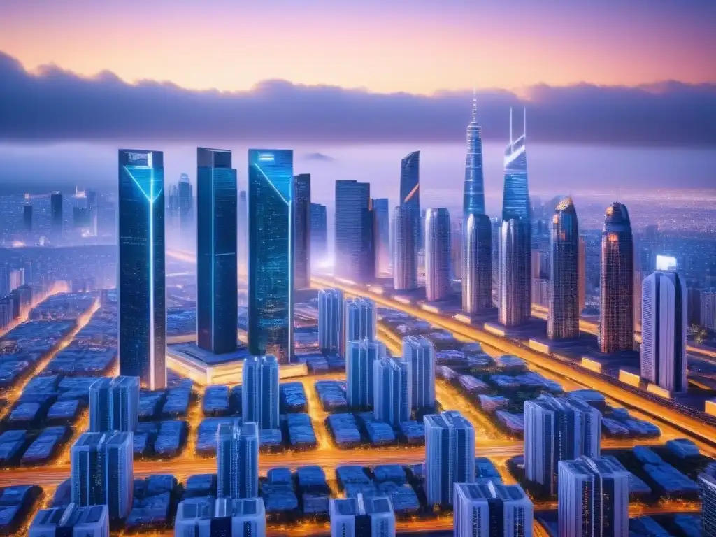 Metrópolis futurista en 8k: innovación y crecimiento internacional Futurista ciudad nocturna con rascacielos iluminados y calles llenas de vehículos autónomos