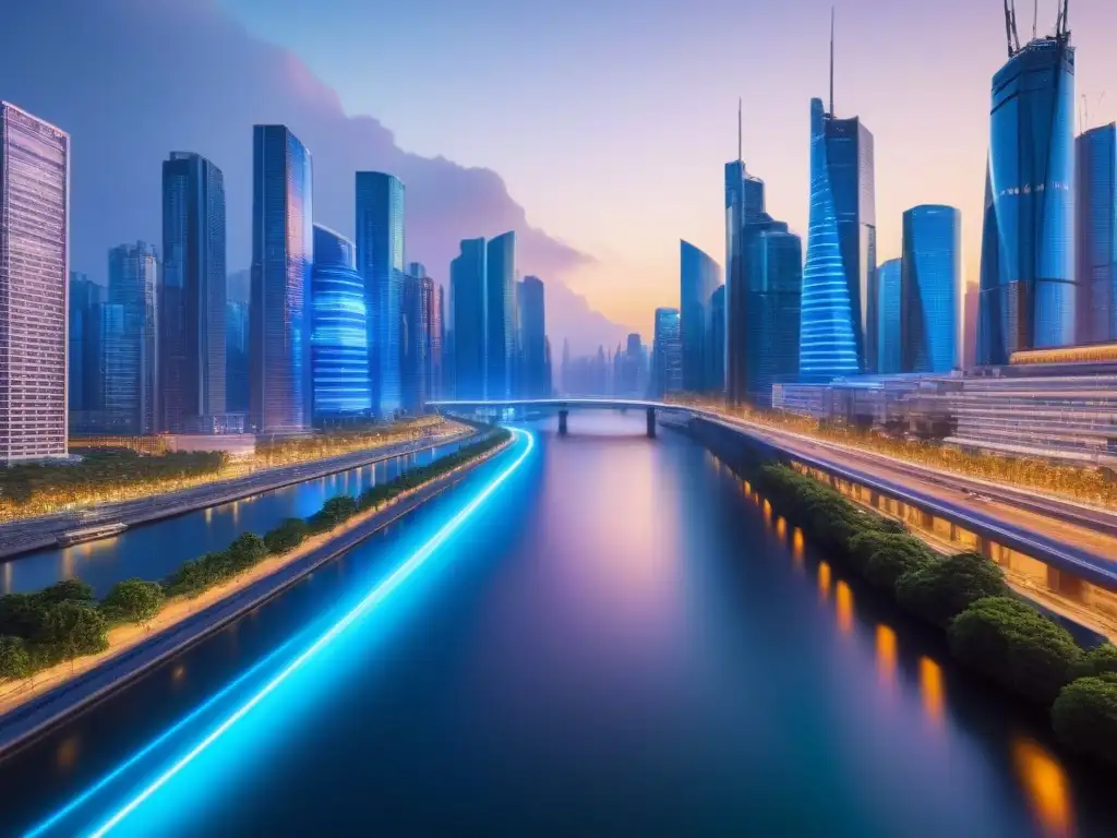 Vibrante ciudad futurista: inversión inmobiliaria en tecnología Futurista ciudad nocturna con rascacielos iluminados por luces neón sobre río tranquilo