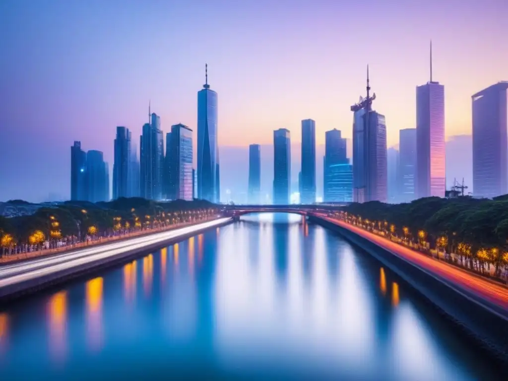 Metrópolis futurista: luces neón en río sereno Futurista ciudad nocturna con rascacielos iluminados y vehículos autónomos, reflejando las regulaciones de tenencia postCOVID