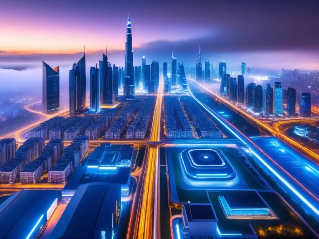 Metrópolis futurista: arquitectura y tecnología de vanguardia Futurista ciudad nocturna con rascacielos iluminados mostrando normativas seguridad desarrollo inmobiliario global