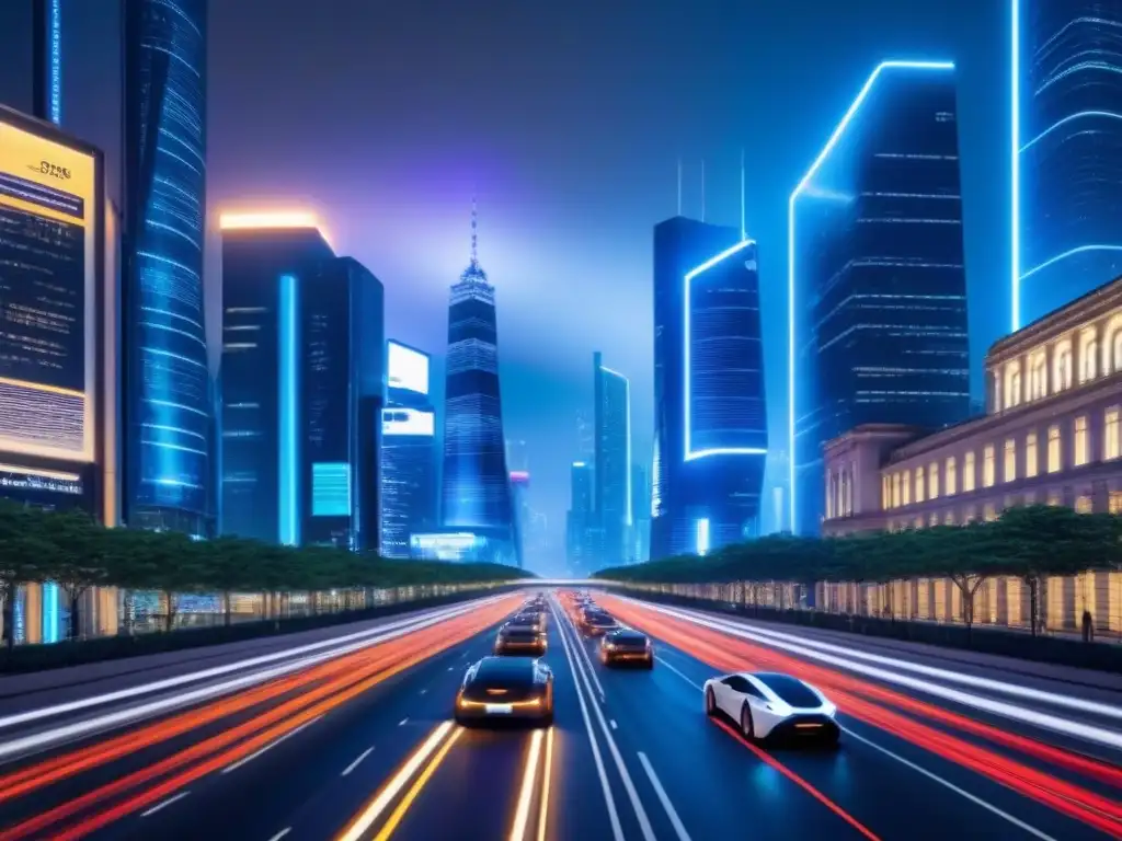 Metrópolis futurista: innovación y cumplimiento en el mercado inmobiliario Futurista ciudad nocturna con rascacielos iluminados, calles llenas de vehículos eléctricos y red de datos brillante