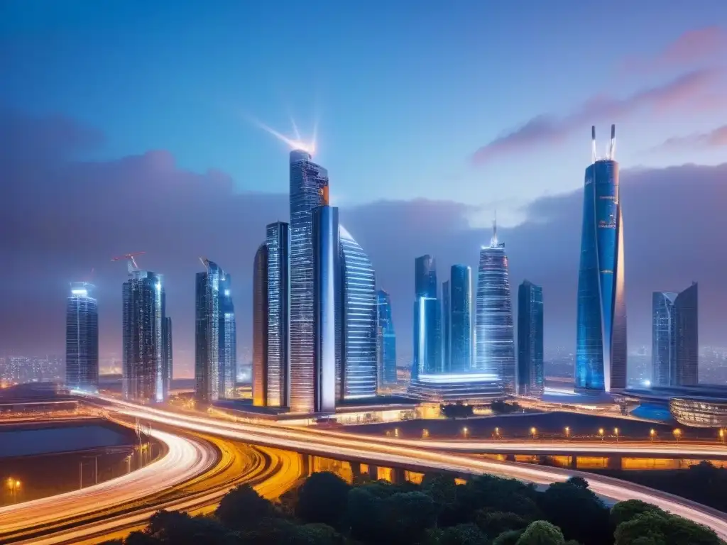 Skyline futurista: arquitectura avanzada y sostenible Futurista ciudad nocturna con rascacielos iluminados y diseño avanzado