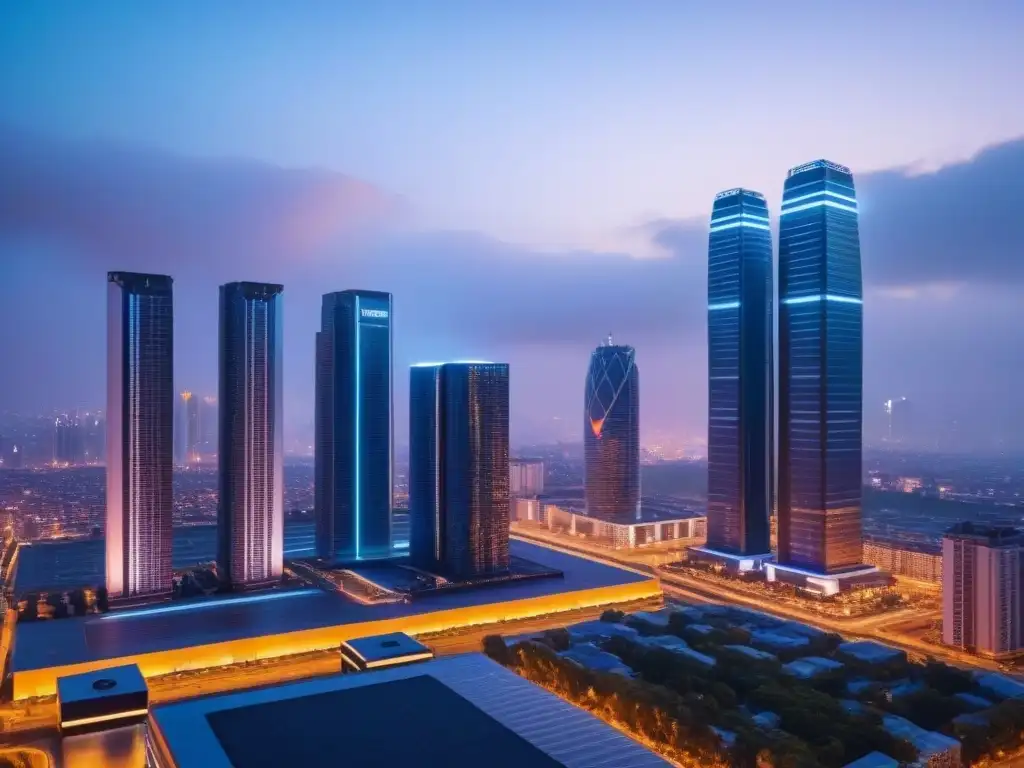 Metrópolis futurista: arquitectura moderna y tecnología avanzada en acción Futurista ciudad nocturna con rascacielos iluminados por luces de neón, drones y autos inteligentes