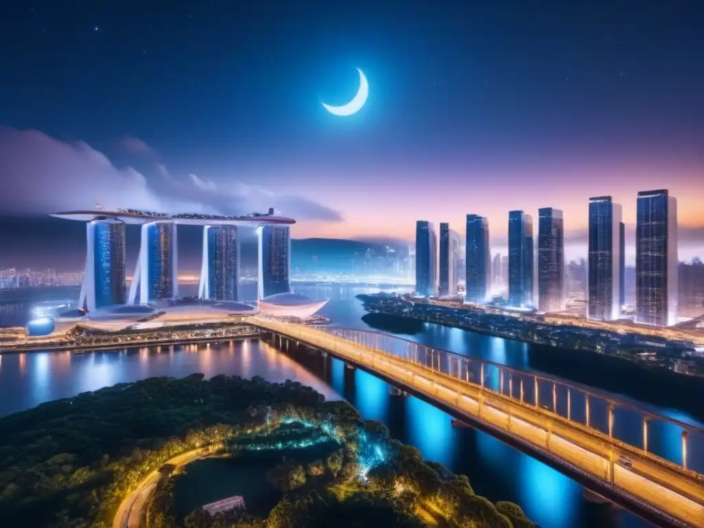 Metrópolis futurista: paisaje nocturno en 8k Futurista ciudad nocturna con rascacielos iluminados y puentes brillantes, drones en un ambiente avanzado
