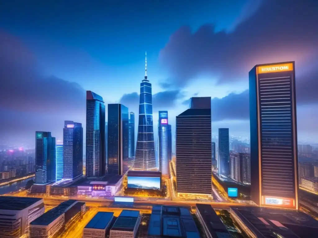 Metrópolis futurista: innovación inmobiliaria y tecnológica Futurista ciudad nocturna con rascacielos brillantes y logos FinTech, mostrando integración innovadora en mercado inmobiliario