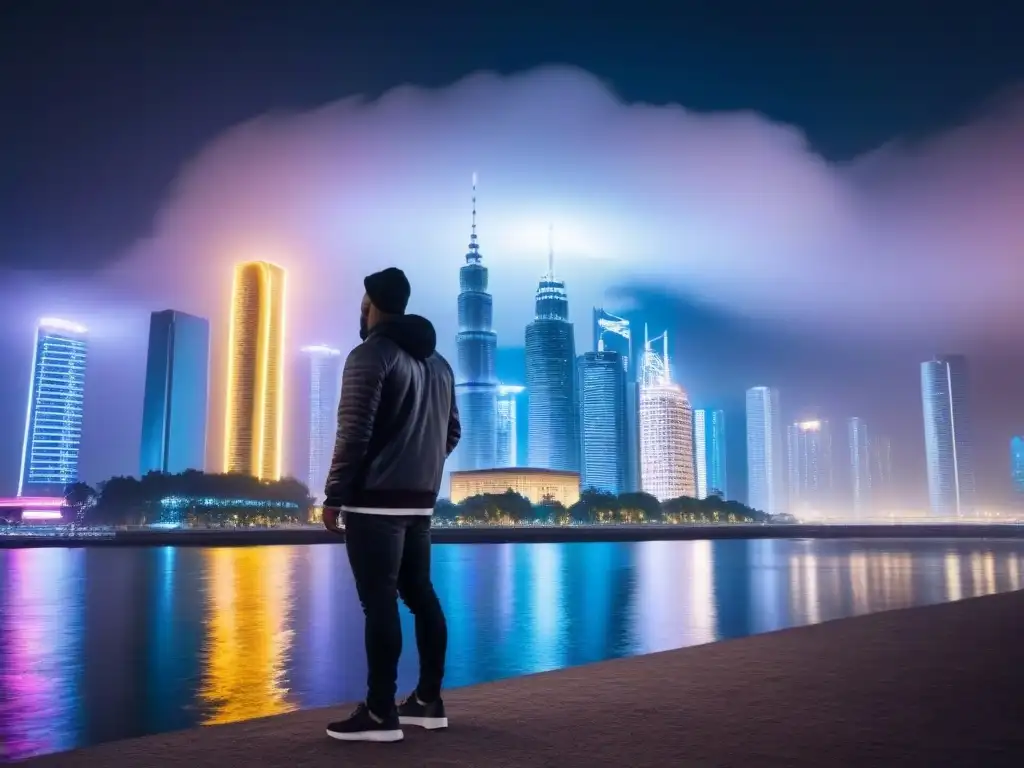 Skyline futurista: arquitectura global en neon Futurista ciudad nocturna con rascacielos iluminados por luces neón, reflejados en agua