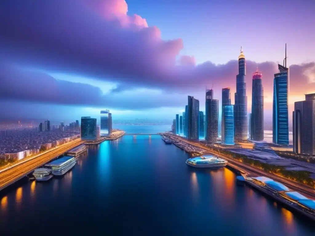 Cityscape futurista: luces neón en la noche Futurista ciudad nocturna con rascacielos iluminados por luces neón, vehículos autónomos y drones en un escenario urbano