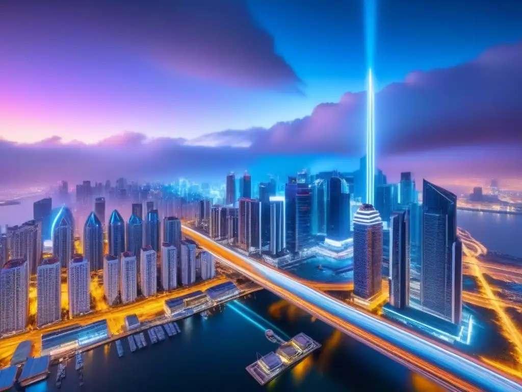 Cityscape futurista en 8k: luces neón y Big Data Futurista ciudad nocturna con rascacielos iluminados por luces neón, datos digitales fluyendo entre edificios