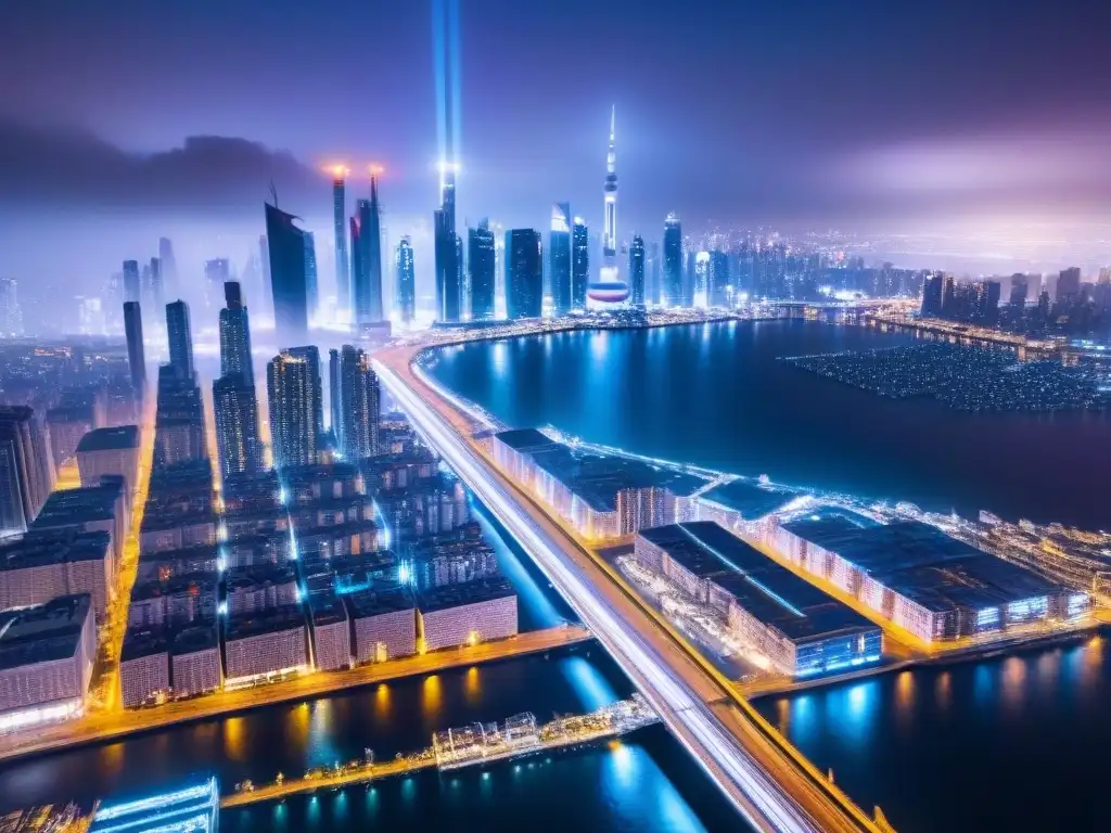 Metrópolis futurista: rascacielos, luces de neón y alta tecnología Futurista ciudad nocturna con rascacielos reflectantes y luces neón, drones y autos voladores