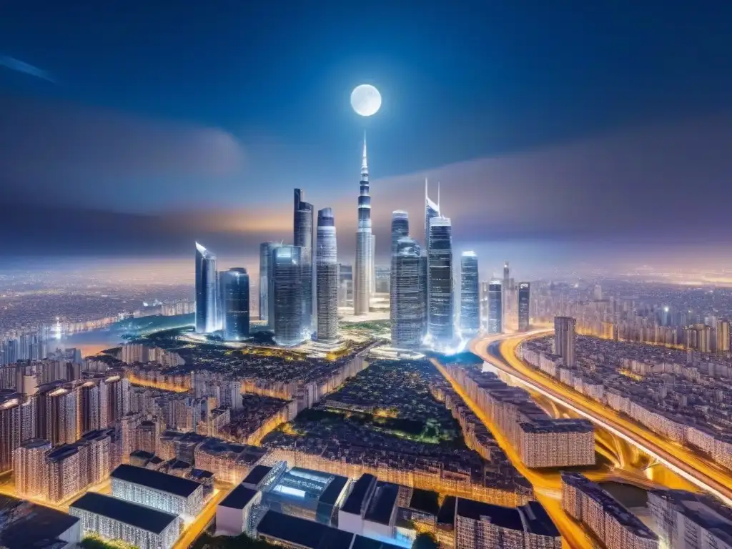 Metrópolis futurista: integración y sinergia en la noche estrellada Futurista ciudad nocturna con sinergias postfusión inmobiliaria global