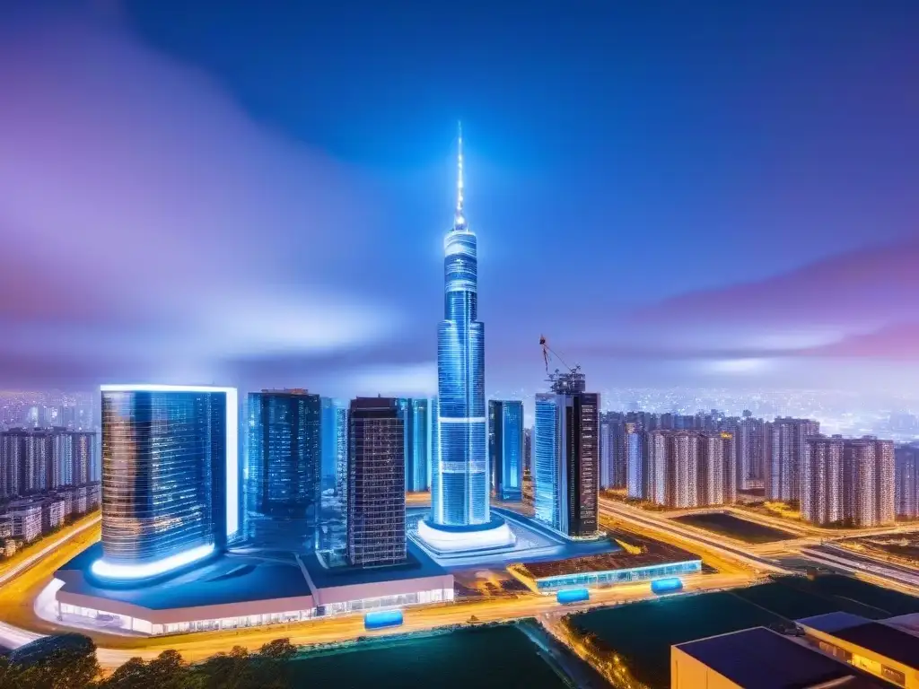 Metrópolis futurista: seguridad avanzada en edificios inteligentes Futurista ciudad nocturna con tecnología de seguridad inmobiliaria integrada en edificios inteligentes potenciados por redes 5G