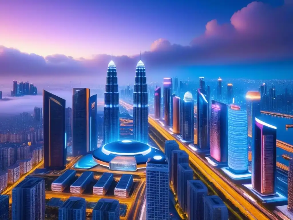 Metrópolis futurista: PropTech avanzada en la noche Futurista ciudad nocturna con tecnología avanzada e integración de PropTech en paisaje urbano