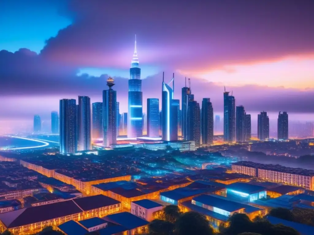 Metrópolis futurista con blockchain: revolución en gestión inmobiliaria Futurista ciudad con patrones de blockchain en gestión de propiedades, mostrando innovación en tecnología urbana
