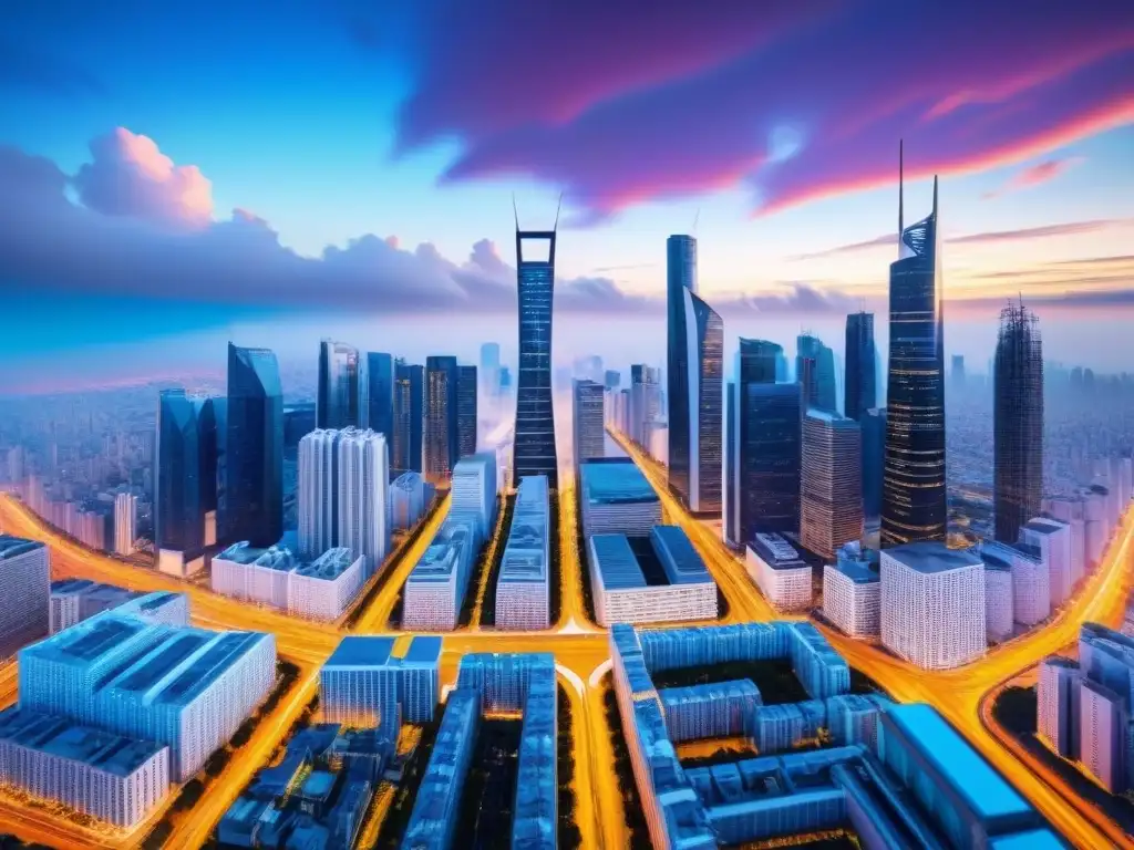 Futurista ciudad con rascacielos AI, vehículos autónomos y drones
