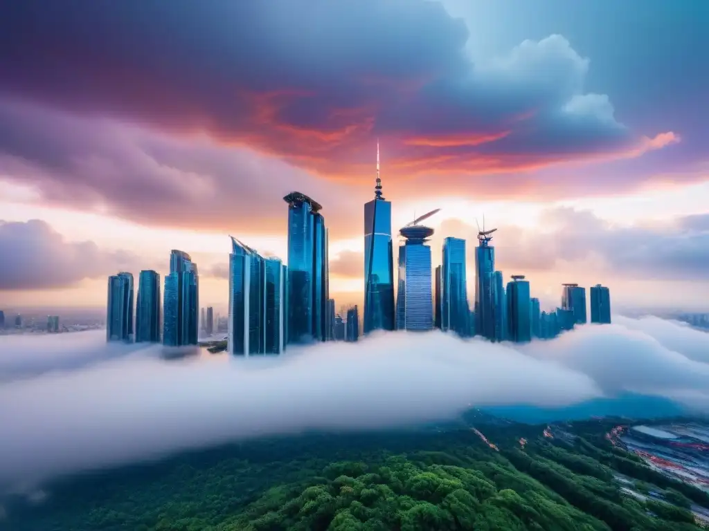 Metrópolis futurista: arquitectura moderna y tecnología avanzada en equilibrio con la naturaleza Futurista ciudad con rascacielos, arquitectura moderna, tecnología avanzada, naturaleza y luces vibrantes