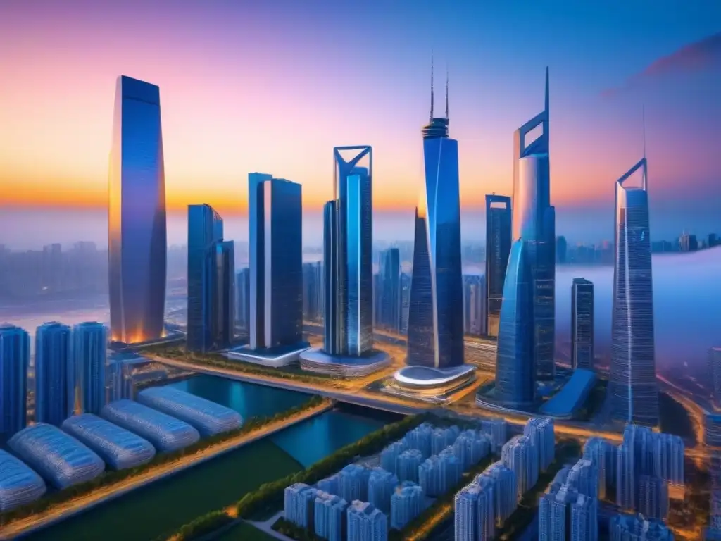 Metrópolis futurista: evolución del mercado inmobiliario global Futurista ciudad con rascacielos y atardecer vibrante, reflejando las tendencias mercado inmobiliario internacional