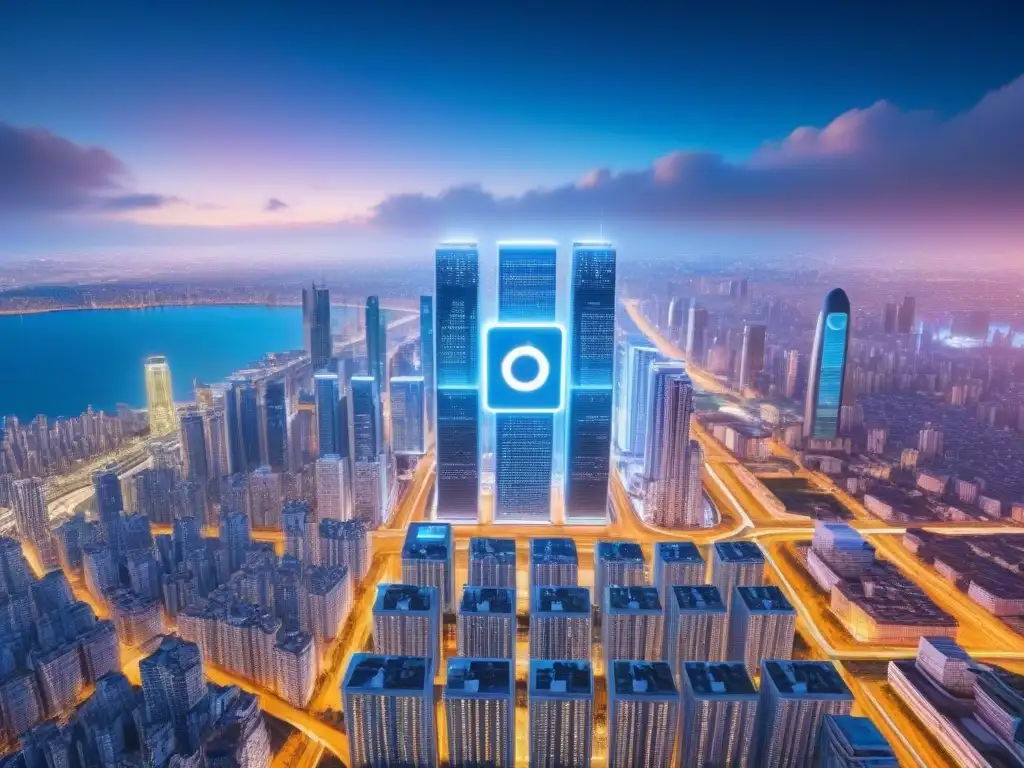 Metrópolis Futurista: Edificios Blockchain en Real Estate Futurista ciudad con rascacielos integrando Blockchain en mercado inmobiliario internacional